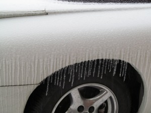 Icicles hanging from car; February 2014 Winter Storm in South Carolina